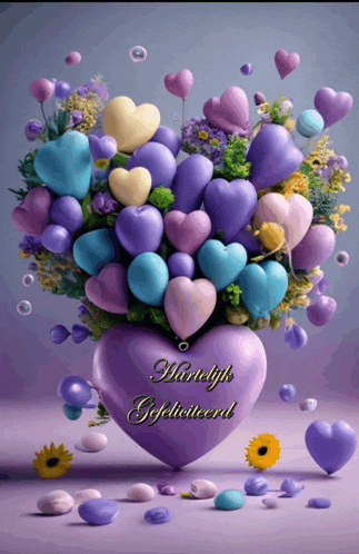 a purple heart shaped vase filled with purple and pink hearts and flowers