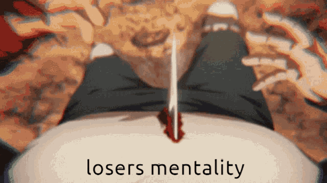 a person 's stomach is shown with the words losers mentality written on it