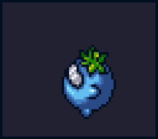 a pixel art of a blue object with a green leaf on its head