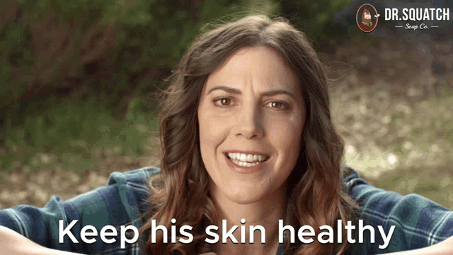 a woman is smiling with the words keep his skin healthy
