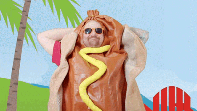 a man wearing sunglasses and a hot dog costume with mustard on it
