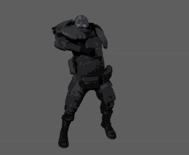 a 3d model of a futuristic soldier with glowing blue eyes