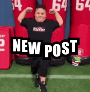 a young boy flexes his muscles in front of a sign that says new post