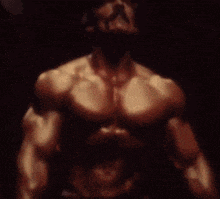 a man without a shirt is flexing his muscles in a dark room .