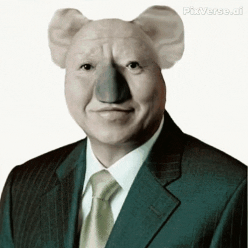 a man in a suit and tie has a koala mask on his head