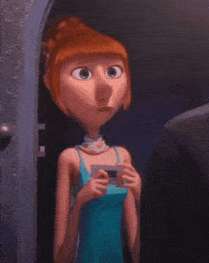 a woman in a blue dress is holding a card in her hand