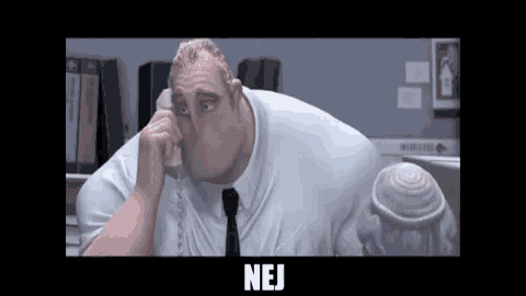 a cartoon man is talking on a cell phone and the word nej is on the bottom of the screen .