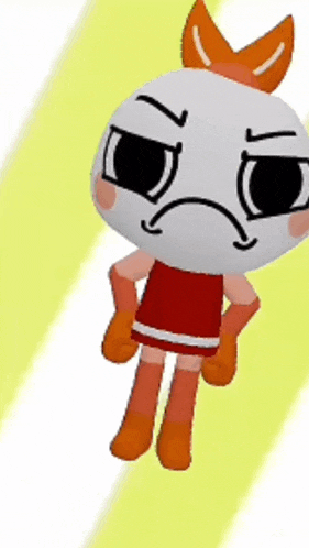 a cartoon character with a sad face and a red dress