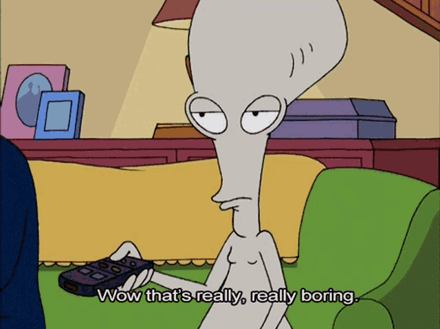 a cartoon character is sitting on a couch holding a remote control and says wow that 's really really boring