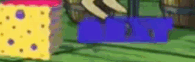 a spongebob squarepants cartoon scene with a blue box and a yellow cube .