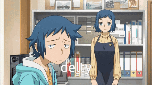 a boy and a woman are standing in front of a shelf and the word delty is on the bottom right
