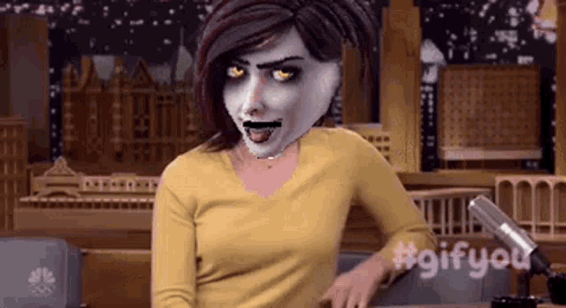 a woman with a mask on her face is sitting at a table with a microphone ..