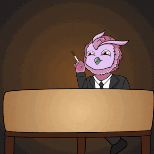 a cartoon of a pink bird in a suit and tie sitting at a table