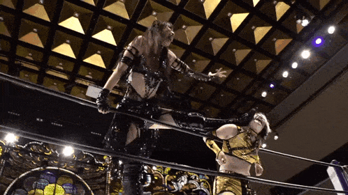two women in a wrestling ring with one wearing a gold top