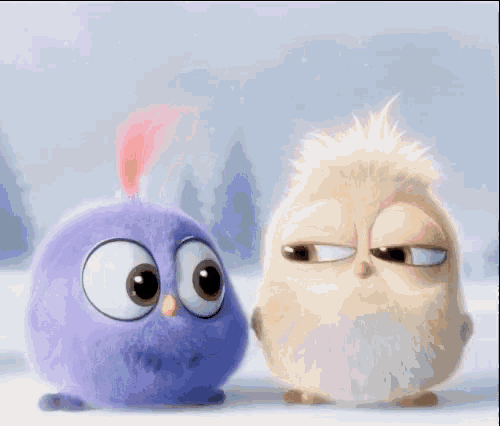 two cartoon birds standing next to each other in the snow