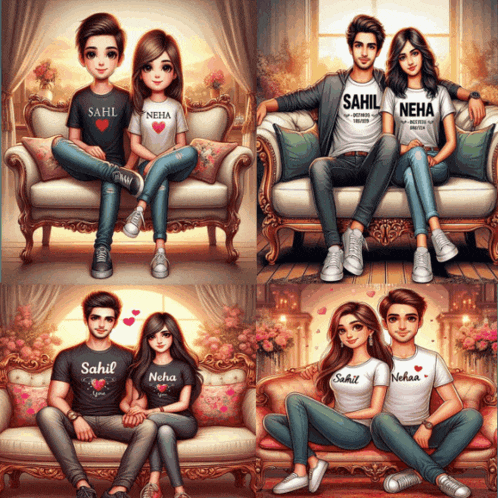 a boy and a girl are sitting on a couch with their names on their shirts