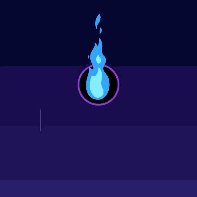 a blue flame in a black circle with a purple rectangle below it