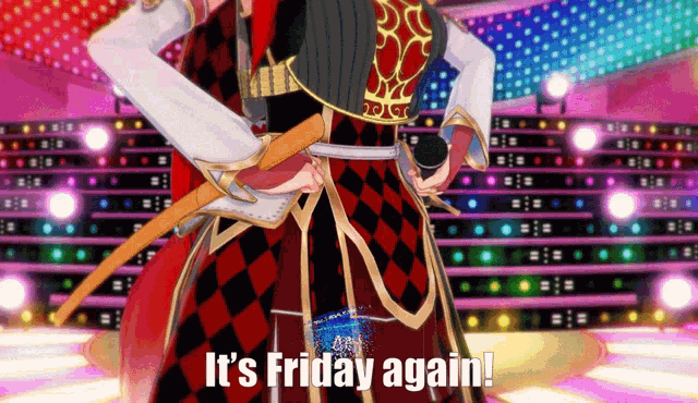 a cartoon character holding a microphone with the words it 's friday again on the bottom