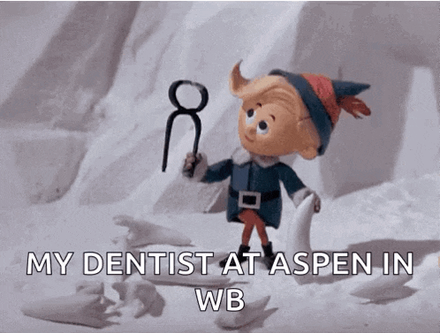 a cartoon elf is holding a candy cane and saying my dentist at aspen in wb
