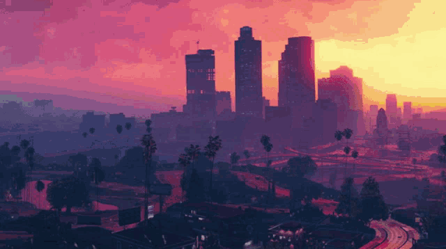 a sunset over a city with a lot of buildings