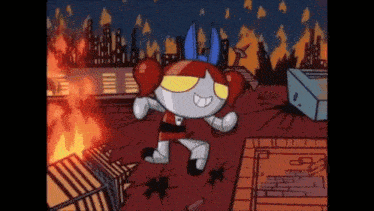 a cartoon character is standing in front of a fire .