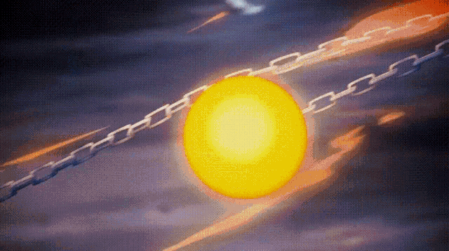 a yellow sphere is surrounded by chains in a dark sky