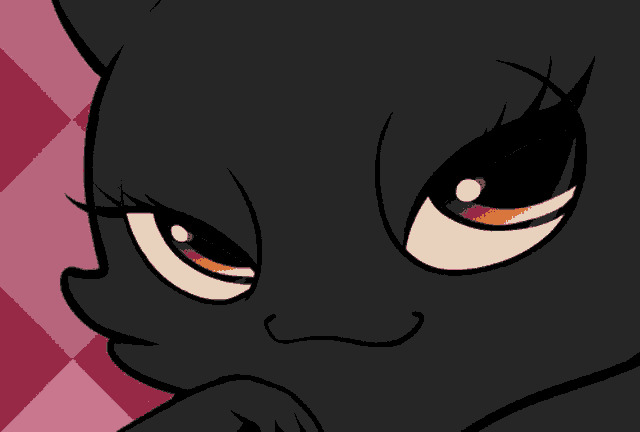 a close up of a cartoon cat 's face with a pink checkered background