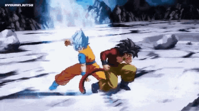 two cartoon characters are fighting each other in a video game called hyoujinjutsu