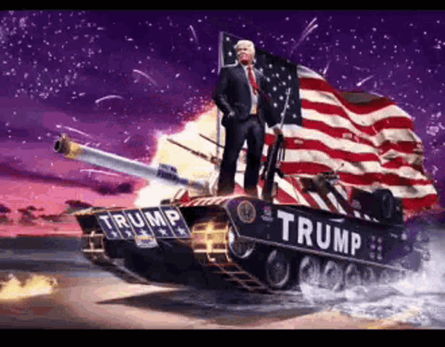 donald trump is standing on top of a tank with the word trump on it