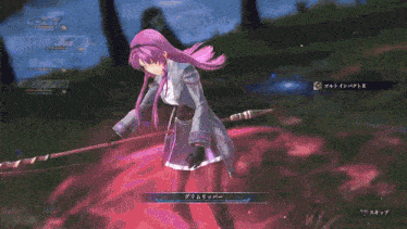 a girl with purple hair is holding a spear in a game