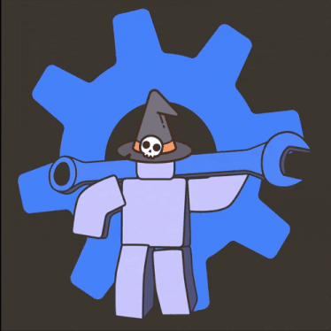 a cartoon character wearing a witch hat is holding a wrench in front of a blue gear