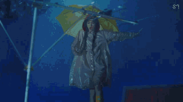 a woman in a raincoat and yellow boots holds a yellow umbrella