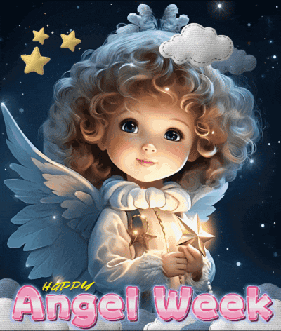 a happy angel week greeting card with a little girl