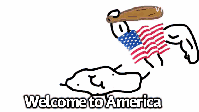 a drawing of a person with an american flag and the words welcome to america below it