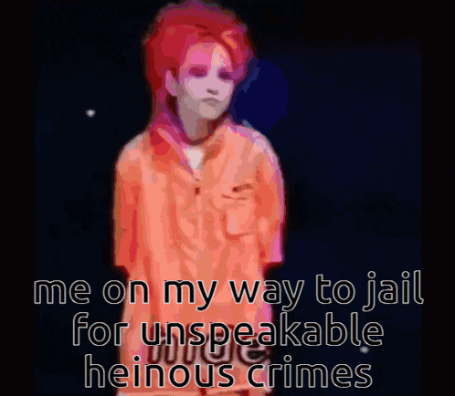 a cartoon of a woman with red hair and the words " me on my way to jail for unspokeable heinous crimes "
