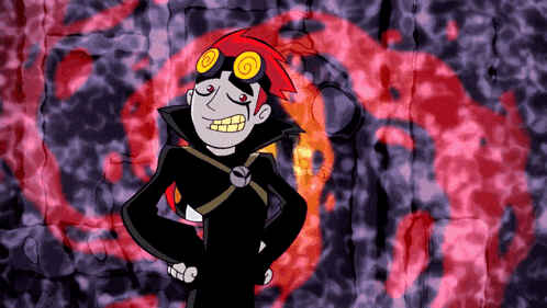 a cartoon character with red hair and goggles stands in front of a purple and red background