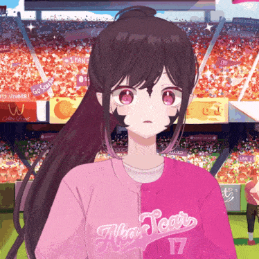 a girl wearing a pink shirt that says algae team 17