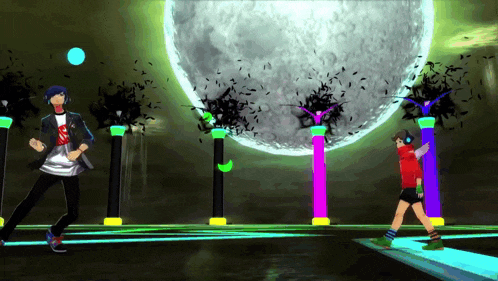 a man and a girl are dancing in front of a full moon in a video game