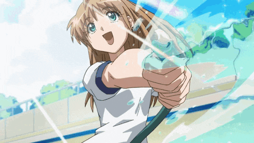 a girl is spraying water from a hose in front of a swimming pool
