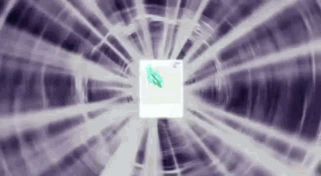 a white square with a green leaf on it is surrounded by purple rays .
