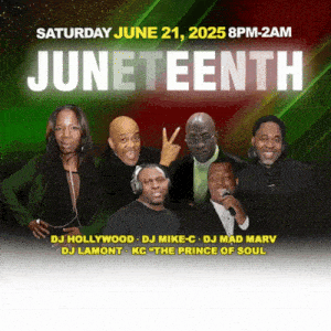 a poster for saturday june 21 2025 8 pm-2am juneteenth featuring dj hollywood dj mike-c and dj mad marv