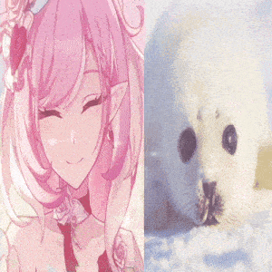 a drawing of a girl with pink hair and a seal