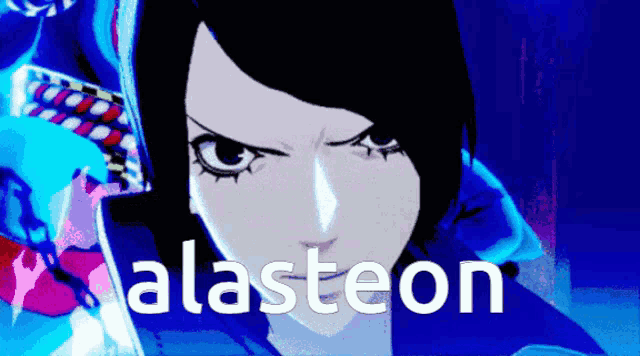 a video game character with the name alasteon on the bottom right