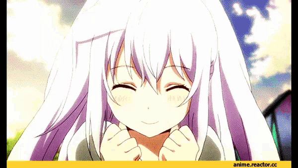 a girl with white hair and red eyes is looking at the camera with the words anime.reactor.cc below her