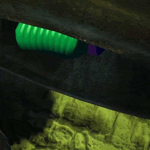 a cartoon character with green hair and purple pants is crawling under a rock