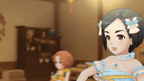 a girl with a flower in her hair stands in a room