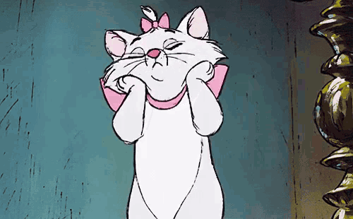 a cartoon of a white cat with a pink bow on her neck