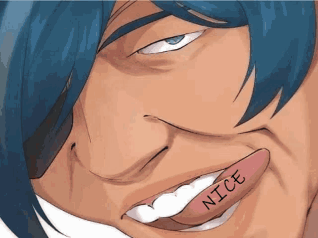 a close up of a person 's face with a tongue sticking out and the word nice written on his mouth .
