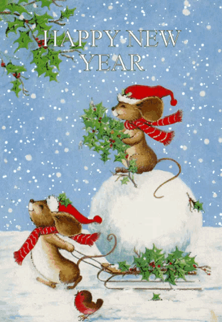 a happy new year greeting card with two mice on a sleigh