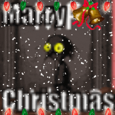 a christmas greeting card with a cartoon character in the background